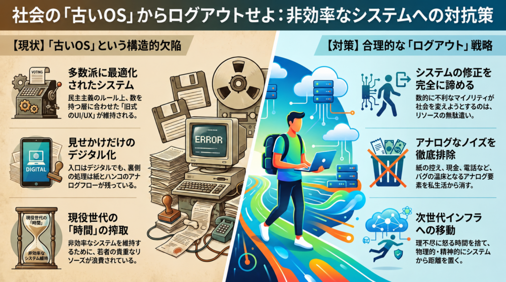 【対・社会ハック | 古いOSからの離脱 #1】 修正は諦めろ。多数派に最適化されたシステムからの完全ログアウト